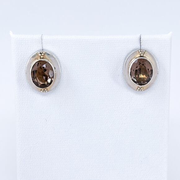 Vintage Sterling Silver 925 Brown Faceted Smoky Quartz Stud Earrings - Picture 2 of 9